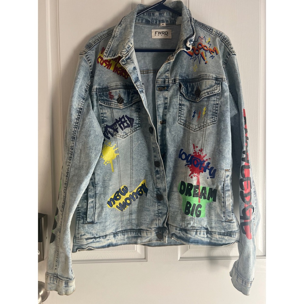 FWRD Denim  XL Graffiti Graphic Light Wash Acid Denim  Jacket